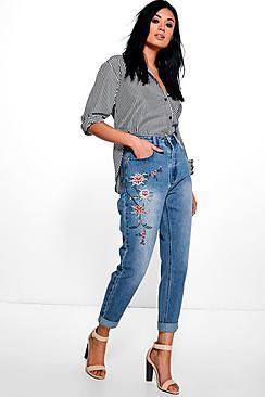 Boohoo High Waist Embroidered Mom Jeans