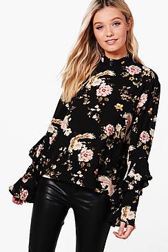Boohoo Amiee Oriental Print Flare Sleeve Blouse