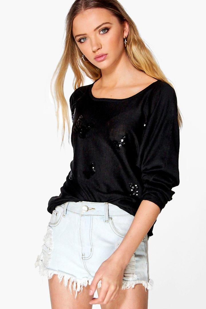 Boohoo Sophie Sequin Butterfly Jumper Black