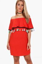 Boohoo Plus Olivia Tassle Trim Off The Shoulder Dress Orange