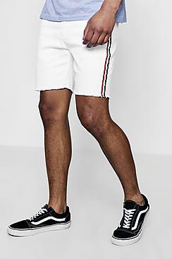 Boohoo Skinny Fit Taped Denim Shorts With Raw Edge
