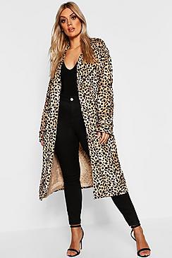 Boohoo Plus Leopard Faux Fur Trench Coat