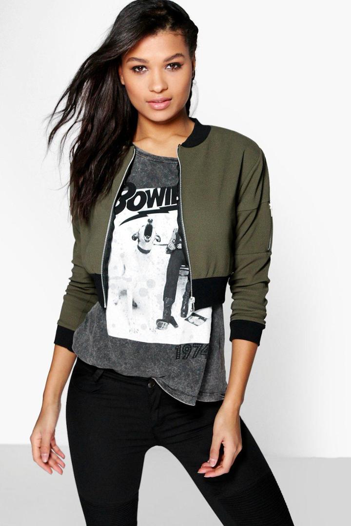 Boohoo Freya Crop Textured Ma1 Bomber Jacket Khaki