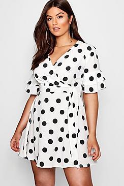 Boohoo Plus Sara Ruffle Sleeve Polka Dot Skater Dress