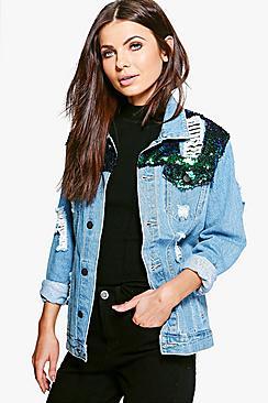Boohoo Zoe Sequin Yoke Denim Jacket