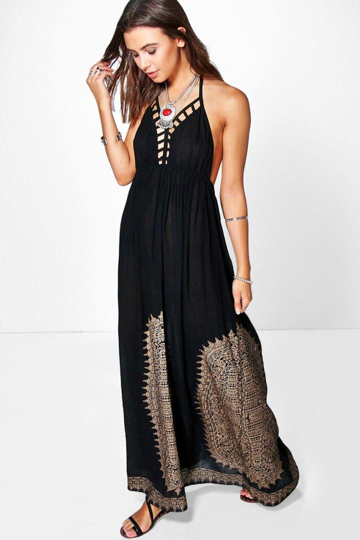 Boohoo Hazel Cage Detail Frill Printed Maxi Dress Black