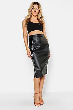 Boohoo Petite Pu Zip Detail Midi Skirt