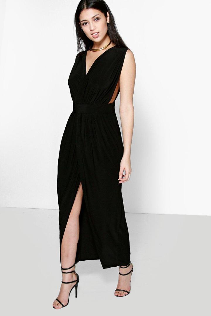 Boohoo Blair Wrap Front Plunge Neck Maxi Dress Black