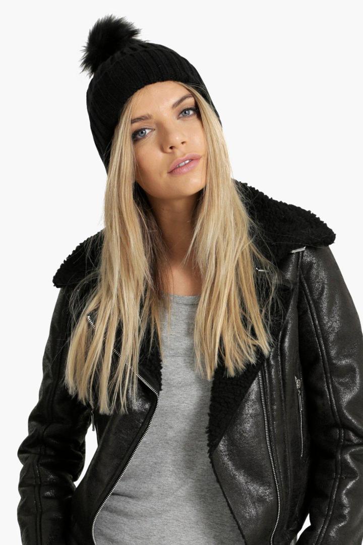 Boohoo Lilly Faux Fur Pom Beanie Hat Black