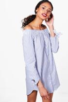 Boohoo Savanna Stripe Bardot Shirt Dress Blue