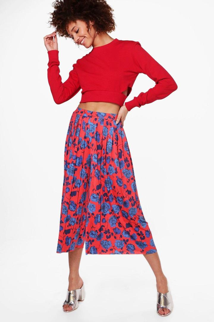 Boohoo Aura Floral Pleated Slinky Wide Leg Culottes Red