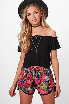 Boohoo Louise Floral Print Tassle Trim Runner Shorts