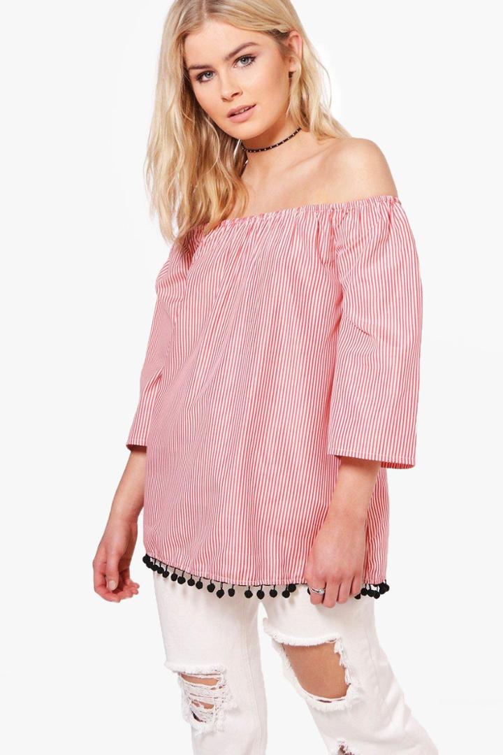 Boohoo Selina Stripe Pom Pom Hem Off The Shoulder Top Multi