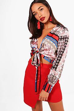 Boohoo Alice Scarf Print Tie Front Crop