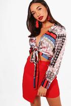 Boohoo Alice Scarf Print Tie Front Crop