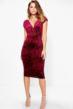 Boohoo Afia Crinkled Velvet Wrap Midi Bodycon Dress
