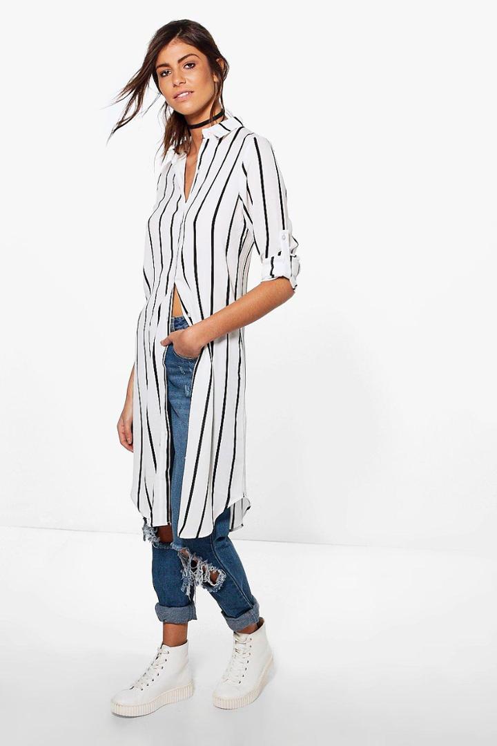 Boohoo Imogen Mono Stripe Longline Woven Shirt Ivory