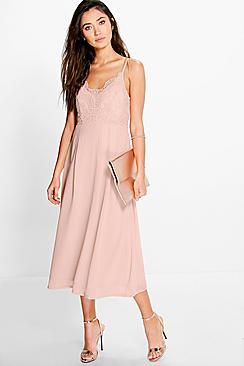 Boohoo May Crochet Lace Top Chiffon Midi Dress
