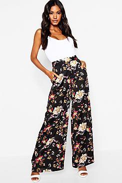 Boohoo Satin Oriental Floral Wide Leg Trouser