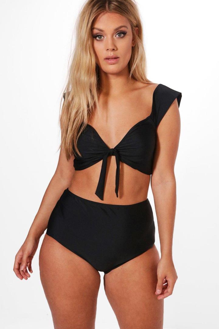 Boohoo Plus Caitlin Tie Front Bikini Black