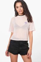Boohoo Petite Amber Oversized Mesh Tee With Shell Applique Nude