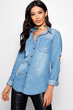 Boohoo Serena Distressed Oversize Denim Shirt