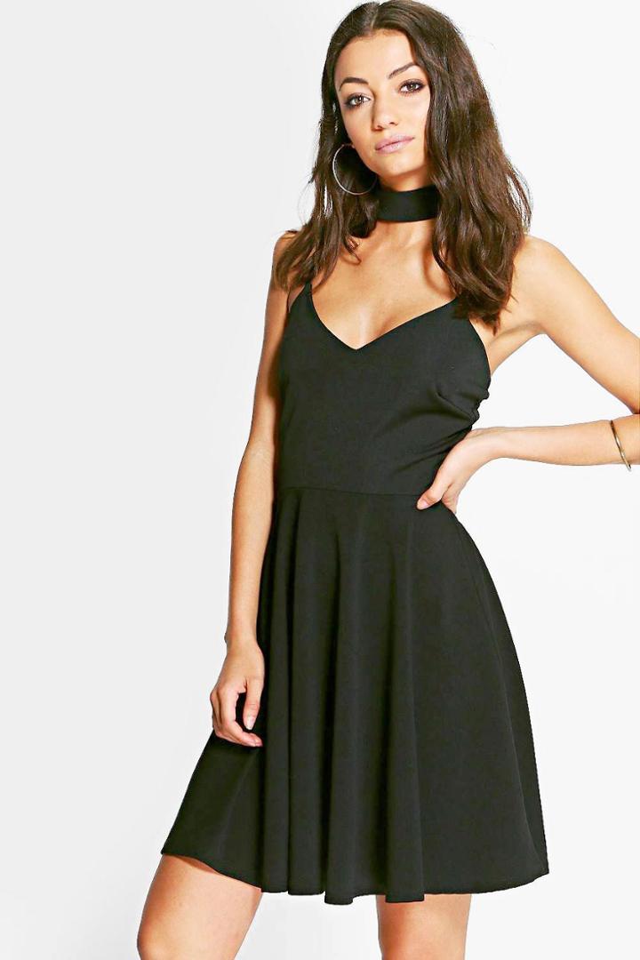 Boohoo Tall Sadie Detachable Choker Strappy Skater Dress Black