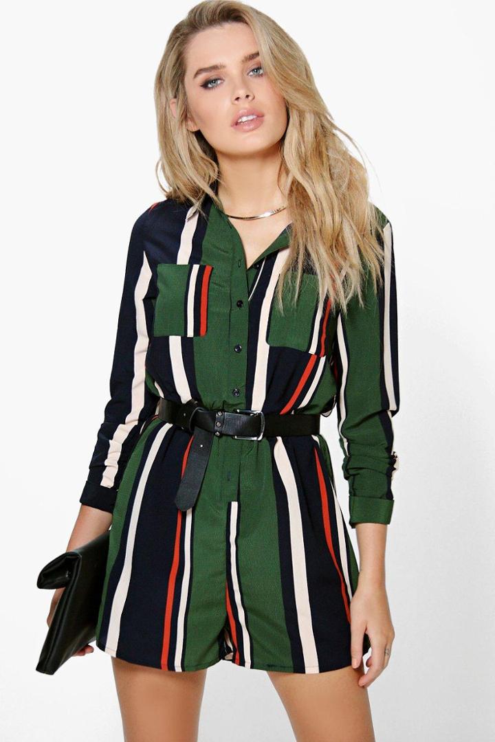 Boohoo Molly Striped Shirt Style Playsuit Khaki