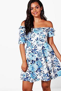 Boohoo Plus Bella Floral Off The Shoulder Skater Dress