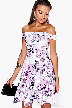 Boohoo Tall Mila Off The Shoulder Floral Print Skater Dress