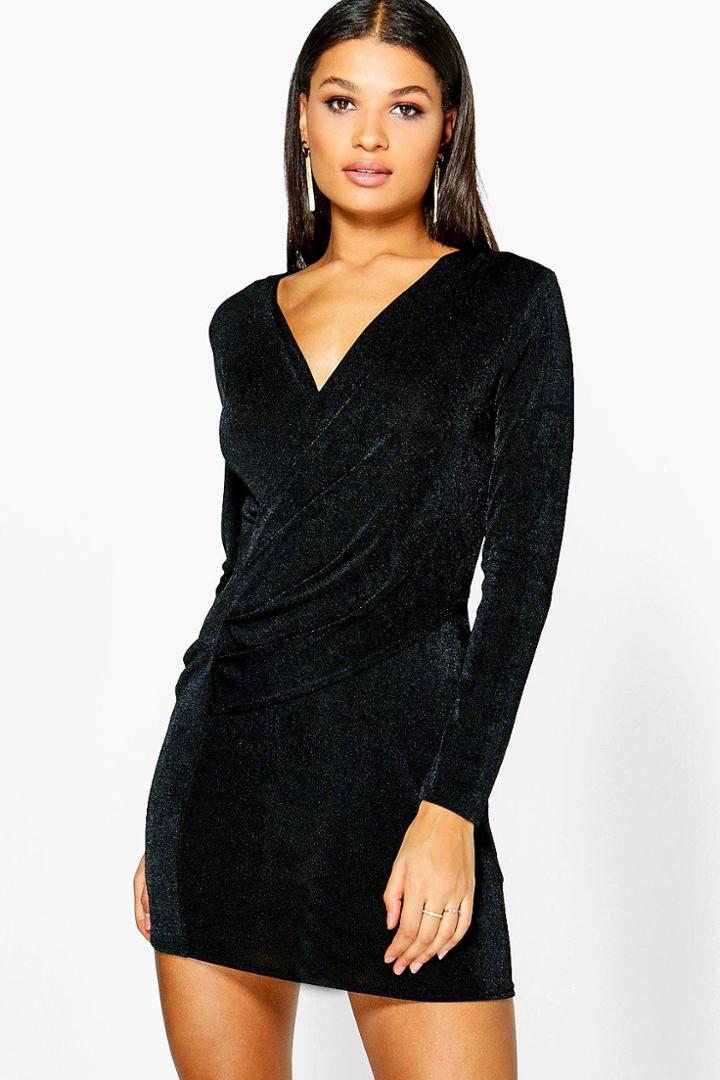 Boohoo Larsa Textured Slinky Wrap Bodycon Dress Black