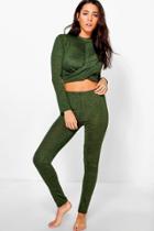 Boohoo Phoebe Twisted Crop Legging Set Khaki