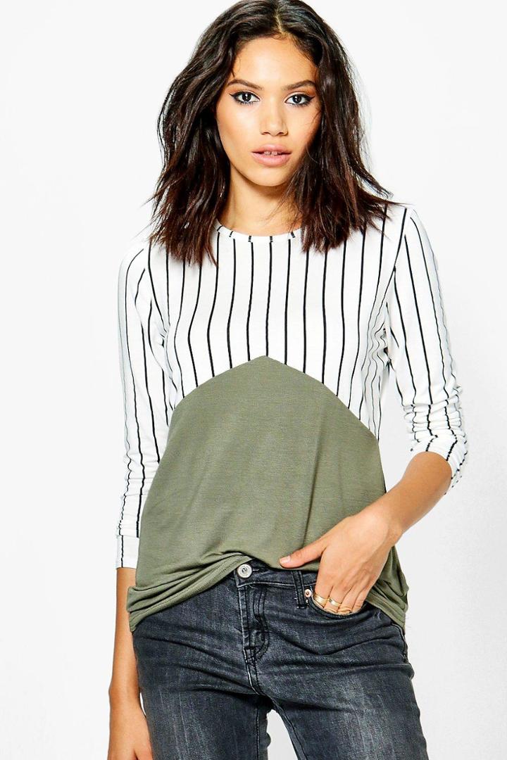 Boohoo Leona Stripe Contrast Colour Block T-shirt Khaki
