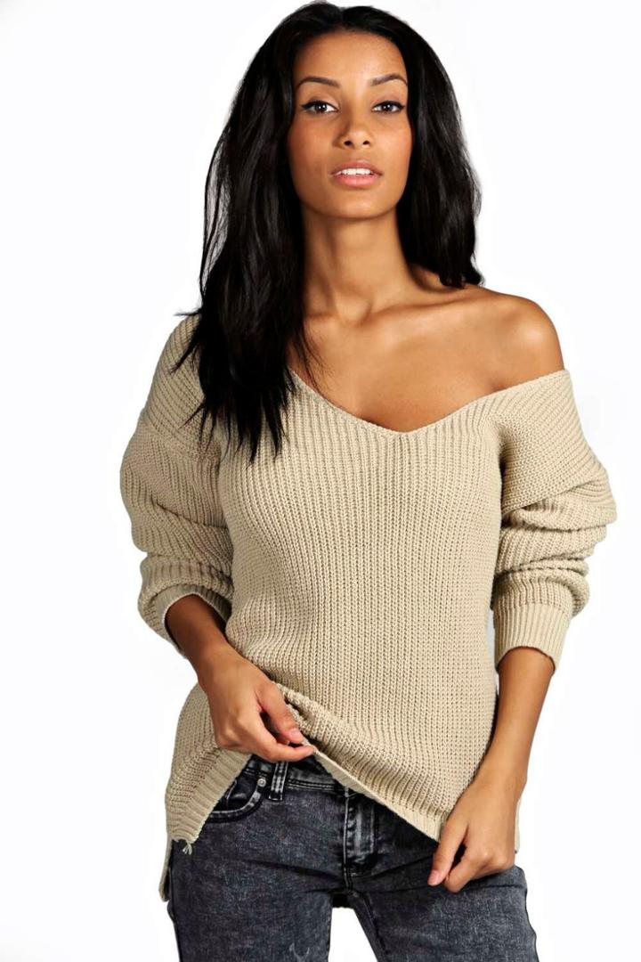 Boohoo Sasha Oversized V Neck Jumper Stone