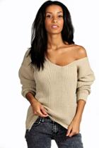 Boohoo Sasha Oversized V Neck Jumper Stone