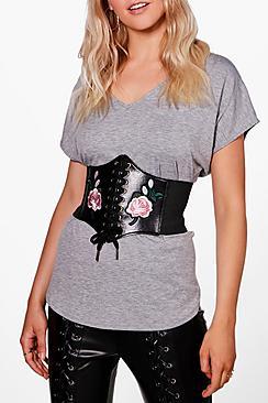Boohoo Jessie Embroidered Pu Lace Up Corset Belt