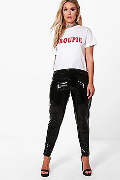 Boohoo Plus Elle Button Front Shine Skinny Trouser