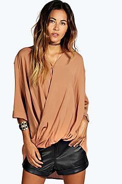 Boohoo Edie Wrap Front 3/4 Sleeve Blouse
