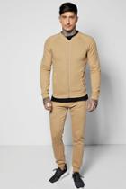 Boohoo Skinny Fit Ribbed Bomber Tracksuit Sand