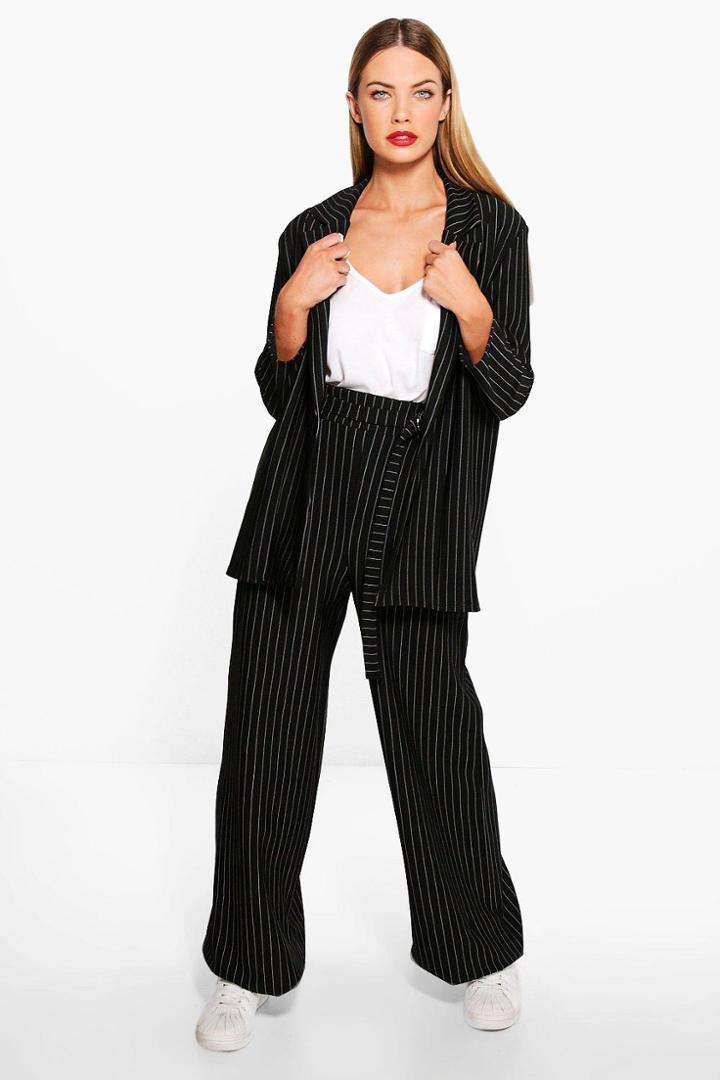 Boohoo Molly Pinstripe Tailored Wide Leg Trouser Black