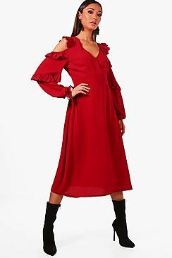 Boohoo Rebecca Ruffle Detail Midi Dress