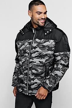 Boohoo Camo Contrast Hooded Puffer