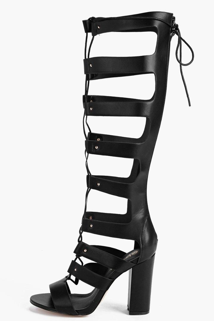 Boohoo Sofia High Leg Block Heel Ghillie Black