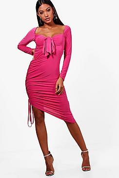 Boohoo Slinky And Ruched Tie Detail Midi Dress