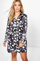 Boohoo Plus Becca Floral Satin Piping Shirt Dress Black