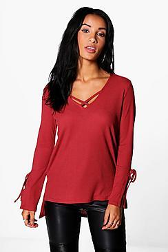 Boohoo Jasmine Tie Sleeve Detail Rib Knit Jumper