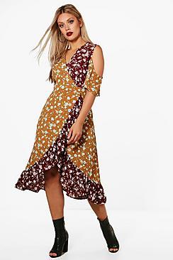 Boohoo Plus Charlotte Printed Cold Shoulder Wrap Dress