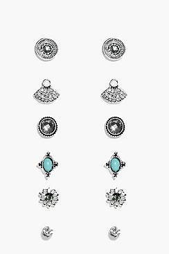 Boohoo Nicole Turquoise Gemstone Stud 6 Earring Set