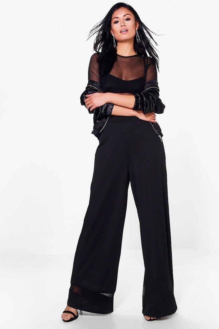 Boohoo Roxie Mesh Insert Wide Leg Trouser Black