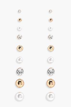 Boohoo Gracie Pearl And Diamante Mixed Stud- 9pack